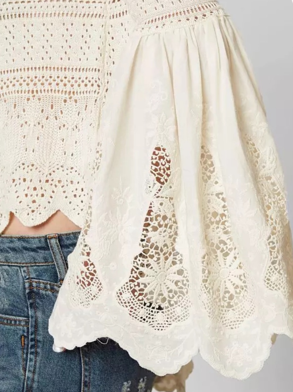 Free People Once Upon a Time Ivory Lace Crochet Bell Sleeve Top - Picture 3 of 14